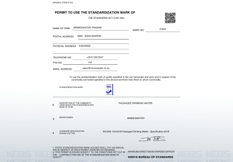 Minneswater KEBS Certificate - Kenya Bureau of Standards